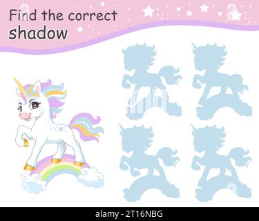 Trouvez l'ombre correcte. licorne de dessin animé mignon sur l'arc-en-ciel. Jeu éducatif d'appariement pour enfants avec personnage de dessin animé. Activité, jeu de logique, lea Illustration de Vecteur