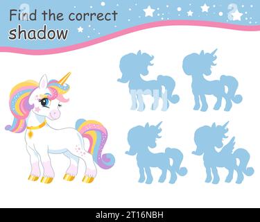Trouvez l'ombre correcte. Mignon dessin animé romantique licorne arc-en-ciel. Jeu éducatif d'appariement pour enfants avec personnage de dessin animé. Activité, jeu de logique, k Illustration de Vecteur