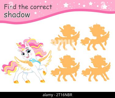 Trouvez l'ombre correcte. Mignon dessin animé licorne heureuse avec des ailes. Jeu éducatif d'appariement pour enfants avec personnage de dessin animé. Activité, jeu de logique, k Illustration de Vecteur