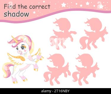 Trouvez l'ombre correcte. Jolie licorne romantique de dessin animé. Jeu éducatif d'appariement pour enfants avec personnage de dessin animé. Activité, jeu de logique, apprentissage Illustration de Vecteur