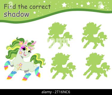 Trouvez l'ombre correcte. Mignon dessin animé vert licorne joyeuse. Jeu éducatif d'appariement pour enfants avec personnage de dessin animé. Activité, jeu de logique, apprendre Illustration de Vecteur