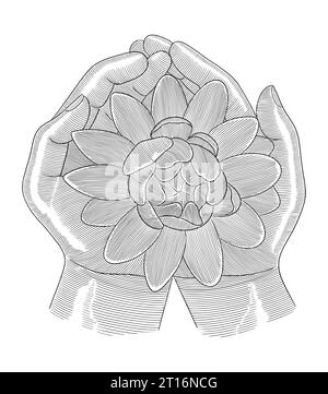 Mains priantes avec des fleurs de lotus sur eux, illustration de style dessin gravure Vintage Illustration de Vecteur