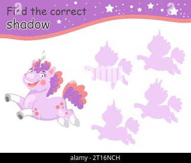 Trouvez l'ombre correcte. licorne bodypositive mauve mignonne de dessin animé. Jeu éducatif d'appariement pour enfants avec personnage de dessin animé. Activité, jeu de logique Illustration de Vecteur