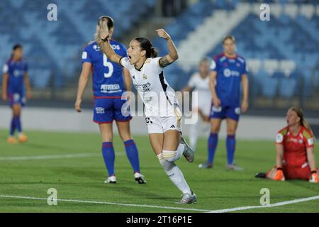 MADRID, ESPAGNE - 11 OCTOBRE : Claudia Zornoza du Real Madrid féminin célèbre un but lors du match de la Ligue des champions féminine de l'UEFA Round 2, première manche entre le Real Madrid et Valerenga au stade Alfredo Di Stefano de Madrid. Crédit : Guille Martinez/AFLO/Alamy Live News Banque D'Images