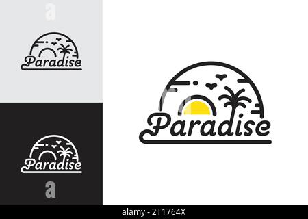 Concept de plage tropicale logo Line art Paradise avec palmiers et coucher de soleil Illustration de Vecteur