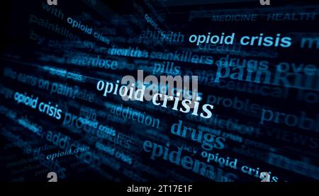 Crise des opioïdes épidémie d'opiacés et abus d'analgésiques dans les médias internationaux. Concept abstrait des titres de nouvelles sur les affichages de bruit. TV gl Banque D'Images