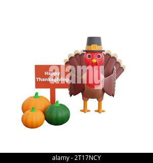 3d dinde portant un chapeau de pèlerin et debout à côté d'un panneau qui dit "Joyeux Thanksgiving". Thème parfait pour un design de Thanksgiving Banque D'Images