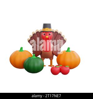 3d dinde portant un chapeau de pèlerin et entourée de citrouilles et d'autres légumes d'automne. Thème parfait pour un design de Thanksgiving Banque D'Images