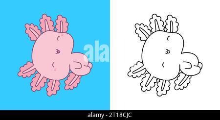 Définir Clipart Axolotl Coloriage page et Illustration colorée. Animal isolé Kawaii. Illustration de Vecteur