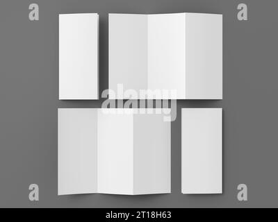 Maquette de brochure dépliée en accordéon ou zigzag de pages verticales sur fond gris. Trois panneaux, dépliant de six pages Banque D'Images