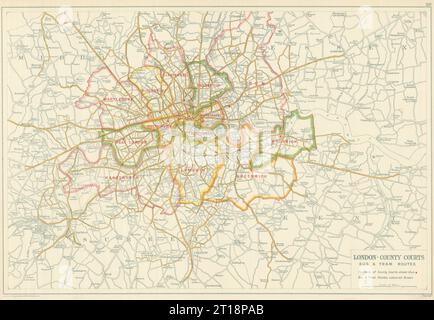 COURTS DU COMTÉ DE LONDRES + LIGNES DE BUS ET DE TRAM. Carte vintage. BACON 1919 vieux Banque D'Images