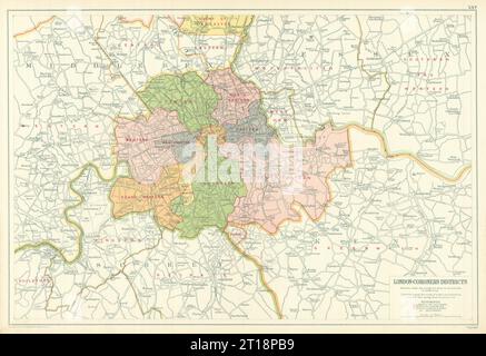 QUARTIERS DES CORONERS DE LONDRES. Carte vintage. BACON 1919 vieux plan antique carte Banque D'Images