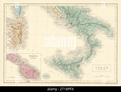 Italie, partie sud. Encart Malte. Sardaigne Sicile. SIDNEY HALL 1854 ancienne carte Banque D'Images