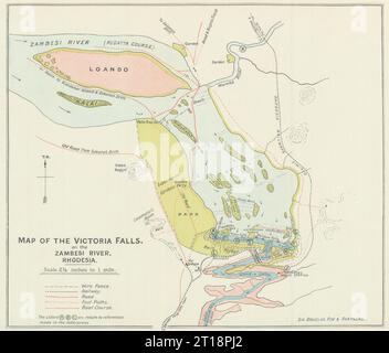 Les chutes Victoria sur le fleuve Zambesi, Rhodésie. Zimbabwe/Zambie carte BSAC 1910 Banque D'Images