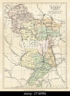 DERBYSHIRE. Carte du comté antique. Voies ferrées. Circonscriptions. PHILIPPE 1889 Banque D'Images