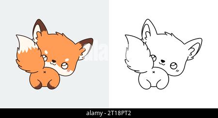 Kawaii Fox multicolore et Noir et blanc. Magnifique animal forestier isolé. Illustration de Vecteur
