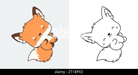 Définissez Clipart Fox Coloring page et Colored Illustration. Animal forestier isolé Kawaii. Illustration de Vecteur