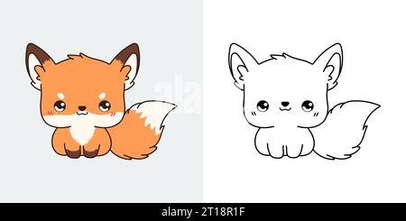 Clipart IsolatedFox multicolore et Noir et blanc. Mignon Cartoon Forest Animal. Illustration de Vecteur