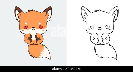 Kawaii Clipart Fox Illustration et pour Coloriage page. Drôle Kawaii Forest Animal. Illustration de Vecteur