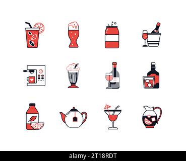 Boissons alcoolisées et non alcoolisées - ensemble d'icônes de style design de ligne Illustration de Vecteur
