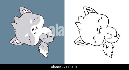 Kawaii Wolf Clipart multicolore et Noir et blanc. Mignon Kawaii Forest Animal. Illustration de Vecteur