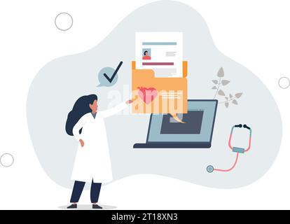 Dossiers de santé électroniques et dossier de données médicales du patient. Numérisation des soins de santé sous forme de contrôle, d'examen et d'historique de traitement. Illustration de Vecteur