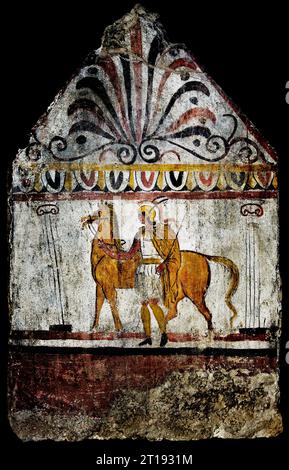 Ancien guerrier grec, tombe de fresque lucanienne, les ruines de Paestum sont célèbres pour leurs trois temples grecs antiques dans l'ordre dorique 550 à 450 av. J.-C. Banque D'Images