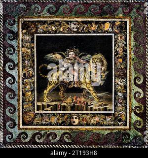 Acratus chevauchant un lion, mosaïque de sol dans la Maison du faune, maison pompéienne, 2e siècle av. J.-C., mosaïque de Pompéi ville romaine est situé près de Naples dans la région Campanie de l'Italie. Pompéi a été enterré sous 4-6 m de cendres volcaniques et de ponce lors de l'éruption du Vésuve en 79. Italie, Musée, Naples, Banque D'Images