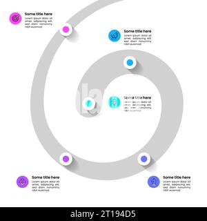 Modèle infographique avec icônes et 5 options ou étapes. Trajectoire en spirale. Peut être utilisé pour la mise en page de flux de travail, diagramme, bannière, webdesign. Illustration vectorielle Illustration de Vecteur