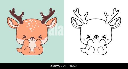 Définissez Clipart Deer Coloriage page et Illustration colorée. Animal forestier isolé Kawaii. Illustration de Vecteur