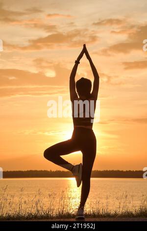 Vue arrière silhouette d'une femme faisant du yoga au bord d'un lac au coucher du soleil, Thaïlande Banque D'Images