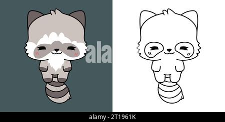 Définissez Clipart Raccoon Coloring page et Colored Illustration. Kawaii Isolated Racoon. Illustration de Vecteur