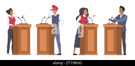 Débats entre deux intervenants sur les rostrums set illustration vectorielle. Caricature isolé hommes et femmes politiciens argumentent derrière des podiums avec des microphones, dialogue politique publique de la femme et de l'homme Illustration de Vecteur