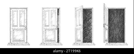 Séquence d'ouverture de porte, ensemble d'esquisses de ligne illustration vectorielle. Esquissez les arts dessinés à la main des portes entrouvertes, ouvertes et fermées du bureau ou de la maison avec griffonnage sombre dans l'embrasure de la porte, de la porte et de la poignée Illustration de Vecteur