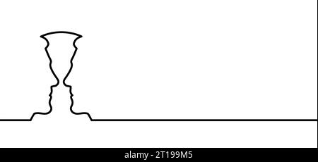 Bande dessinée ronde, cercle, motif de ligne de profil de visage, deux têtes de silhouette de contour owerlap. Relations, communication interpersonnelle, résumé thérapeutique. Banque D'Images