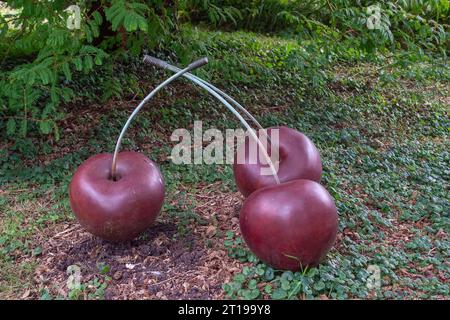 Dorchester, Royaume-Uni. 10 octobre 2023. Cerises par Simon Gudgeon. Le cadre magnifique et tranquille de Scuplture by the Lakes à Pallington Lakes à Dorchester, Dorset. Les anciens lacs de pêche ont été repris par le sculpteur Simon Gudgeon et son épouse Linda en 2007. « Décrit comme l'un des plus beaux et uniques cadres du Royaume-Uni. Avec plus de 120 pièces positionnées à travers le parc de sculptures, c'est un endroit où vous pouvez faire l'expérience de l'art et du paysage en travaillant ensemble de manière transparente. C'est un endroit où vous pouvez laisser votre vie occupée derrière vous et profiter de la paix et de la tranquillité dans un environnement magnifique et serein Banque D'Images