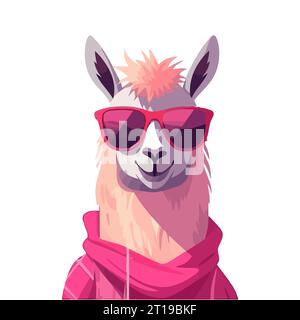 lama rose dans des lunettes de soleil, dessin animé plat isolé sur fond blanc. Illustration vectorielle Illustration de Vecteur