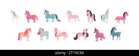 Licorne poney set dessin animé plat isolé sur fond blanc. Illustration isolée vectorielle Illustration de Vecteur