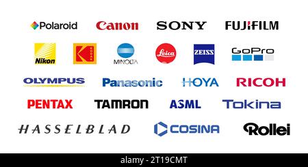 logo de marque de la société de caméra 21. Ensemble de logos photo : Canon, Kodak, Nikon, Polaroid. Icône isolée. Illustration éditoriale vectorielle. Rivne, Ukraine - Septem Illustration de Vecteur
