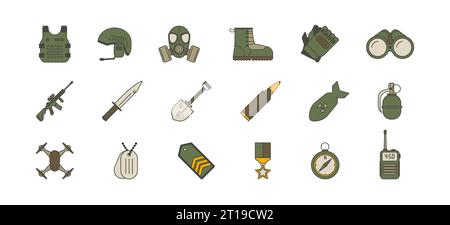 Ensemble d'icônes plates vert militaire et militaire. Icône de guerre, symbole isolé de munitions. Illustration vectorielle Illustration de Vecteur