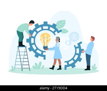 Processus d'innovation, coopération et construction de projets numériques illustration vectorielle. Les personnes minuscules de bande dessinée tenant l'ampoule et une partie de la roue dentée pour se connecter et mettre à l'intérieur de l'équipement, travailler avec des rouages Illustration de Vecteur