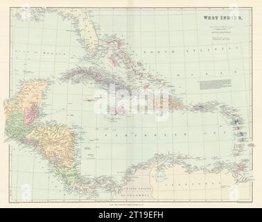 Îles des Antilles et Amérique centrale. Caraïbes. STANFORD 1894 ancienne carte Banque D'Images