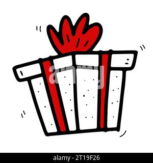 Autocollant cadeau mignon doodle. Dessiné à la main présent isolé sur fond blanc. Papier d'emballage surprise avec noeud de couleur rouge, point. Vacances, nouvel an, Noël Illustration de Vecteur