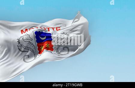 Drapeau de Mayotte agitant au vent par temps clair. Département d'outre-mer et région de France. rendu d'illustration 3d. Tissu flottant. Banque D'Images