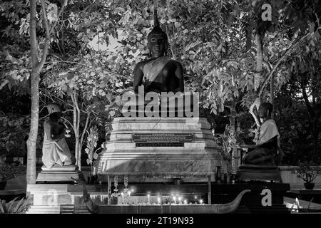 Photo en noir et blanc d'Un petit sanctuaire religieux dans le parc Benjakitti Bangkok, Thaïlande Banque D'Images