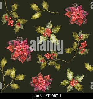 Aquarelle modèle sans couture de Noël avec poinsettia, houx et branches de GUI avec des baies. Fleurs de vacances peintes à la main isolées sur ba vert foncé Banque D'Images