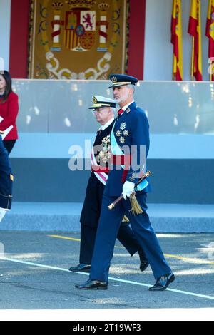 Madrid. Espagne. 20231012, le roi Felipe VI d'Espagne assiste à la fête nationale : Parade militaire le 12 octobre 2023 à Madrid, Espagne Banque D'Images