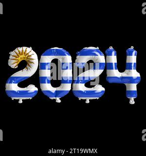 3d illustration de la lettre sur le nouvel an 2024 avec des ballons sur le drapeau Uruguay couleur Banque D'Images