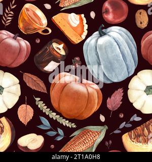 Citrouilles à motif aquarelle, tarte à la citrouille, feuilles d'automne, pomme et objets du jour de Thanksgiving. Illustration dessinée à la main isolée sur fond noir Banque D'Images