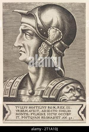 Tullus Hostilius (672-640 av. J.-C.) troisième roi de Rome, gravure de Frans Huys (vers 1522-1562) d'Empereurs et d'Empereurs romains publiée en 1550. Banque D'Images